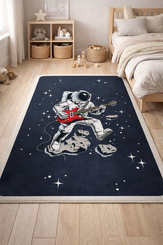 Килим с астронавт и китара – модерен килим в тъмен цвят за тийн стая