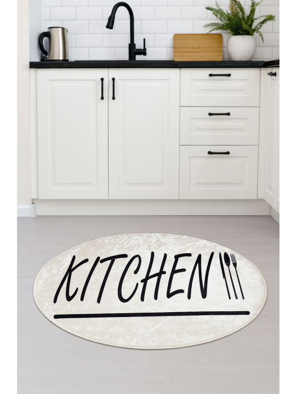 Кръгъл кухненски килим с надпис “Kitchen”