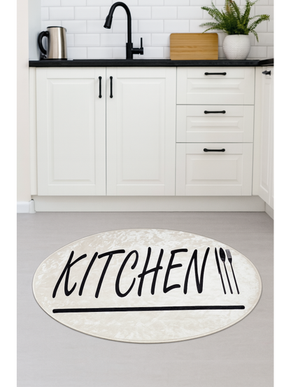 Кръгъл кухненски килим с надпис “Kitchen”