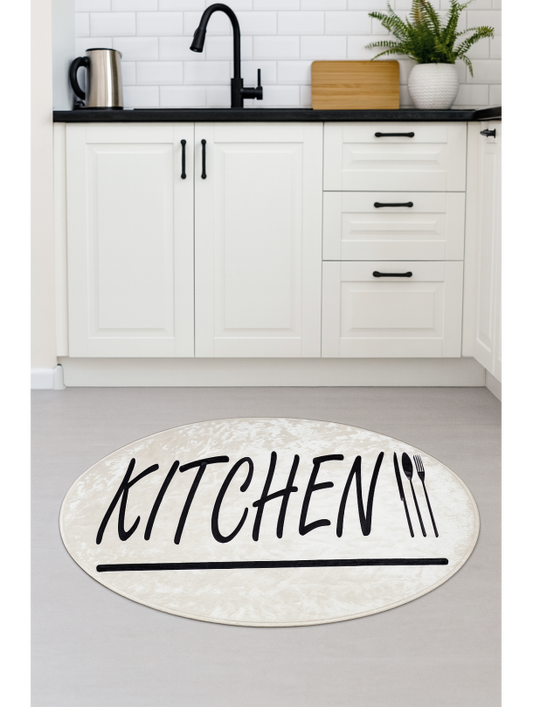 Кръгъл кухненски килим с надпис “Kitchen”