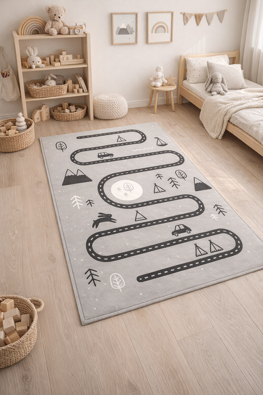 Сив детски килим в скандинавски стил - ГОРСКИ ПЪТ