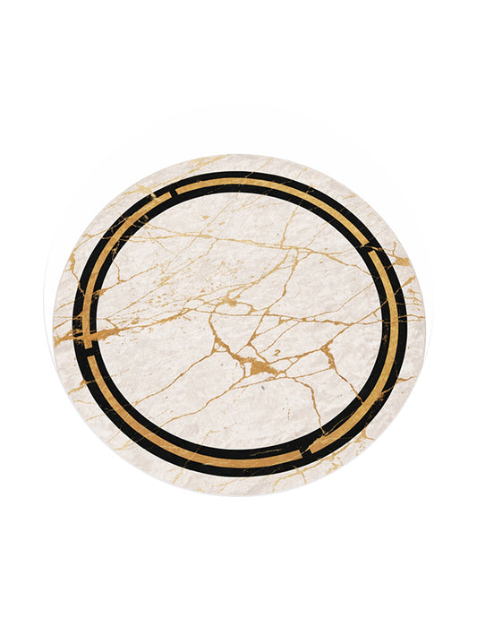 Кръгъл килим мраморен ефект в бяло, черно и златно