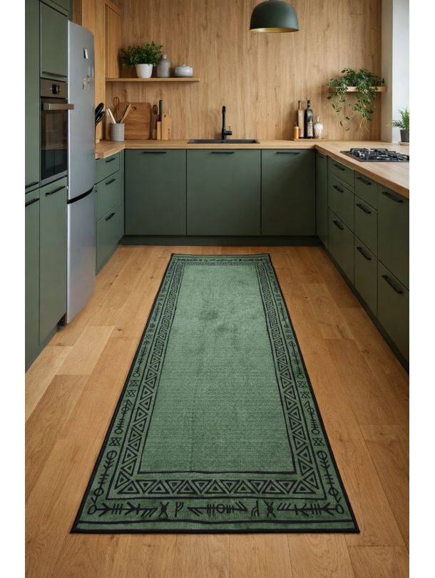 Килим в зелено и черно с етно бордюр