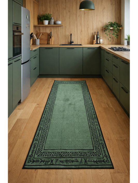Килим в зелено и черно с етно бордюр