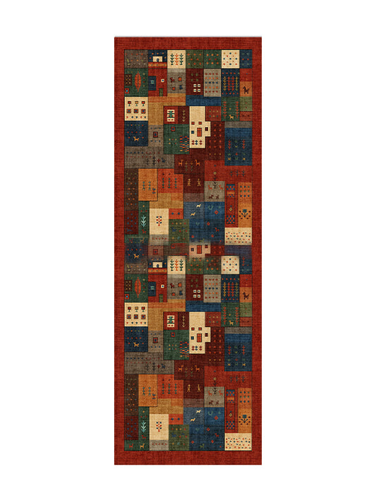 Пътека тип пачуърк в етно стил в червено, зелено и земни тонове