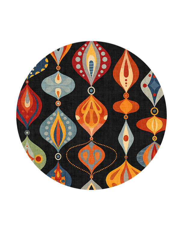 Кръгъл модерен килим в черно с цветни фигури в оранжево, синьо и бежово