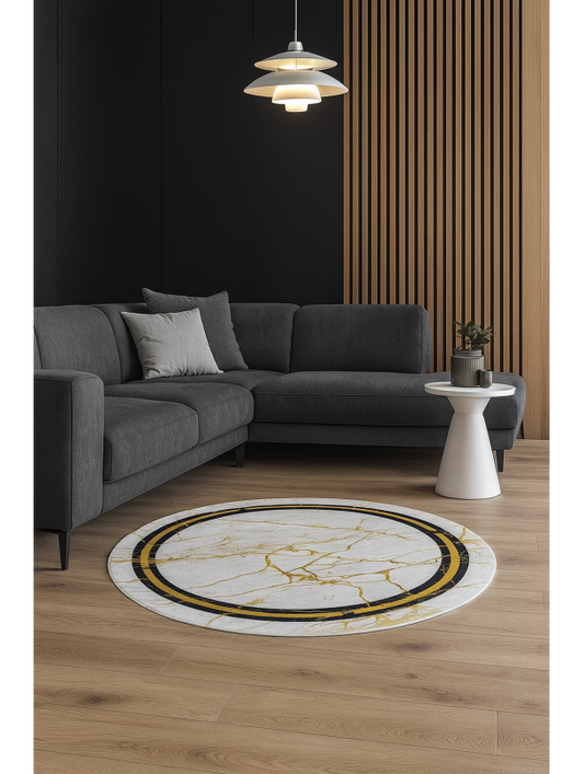 Кръгъл килим мраморен ефект в бяло, черно и златно